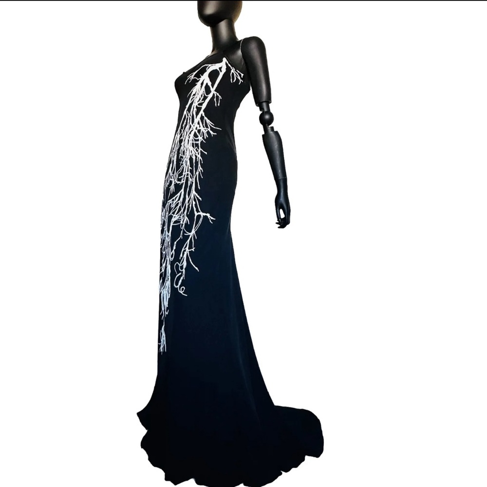 NWOT Halston Heritage Black Feather Gown Strap Maxi Dress Party Formal Train